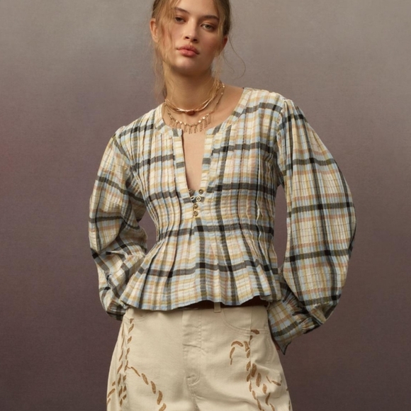 Pilcro Tops - Pilcro Long Sleeve Pleated Plaid Relaxed Swing Blouse Size XL Cotton Elastane